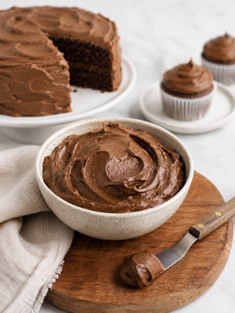 sweet potato chocolate frosting sweetened with maple syrup and in a bowl.