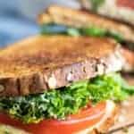 vegan grill cheese sandwich with tomato and kale on wooden board