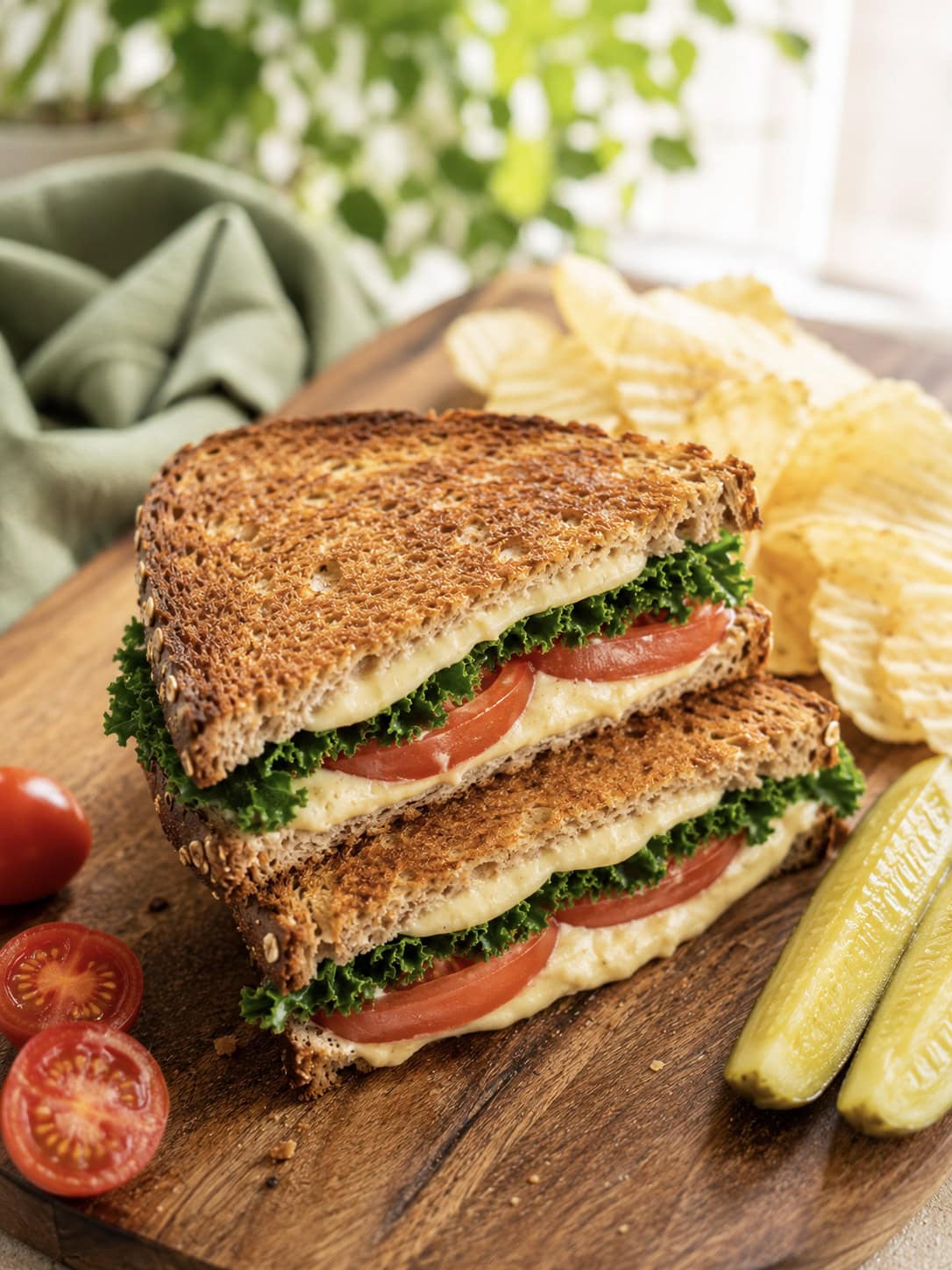 vegan grilled cheese sandwich, sliced in half, and made with melted cashew mozzarella.