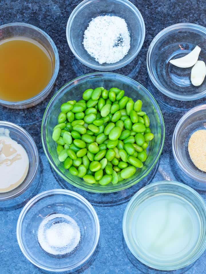 edamame hummus ingredients in small glass bowls
