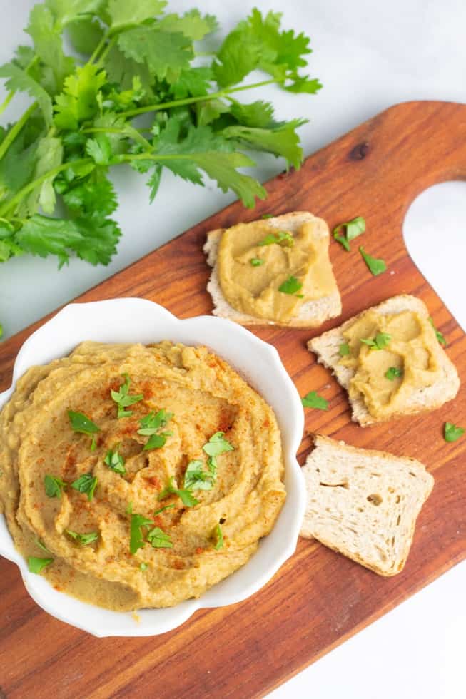 no tahini italian hummus in white bowl surrounded by melba toast topped with hummus and cilantro overhead photo
