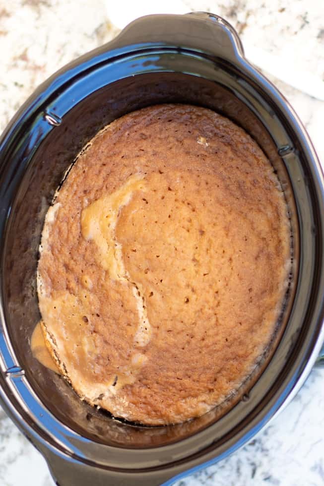 vanilla crockpot cake in slow cooker after finished
