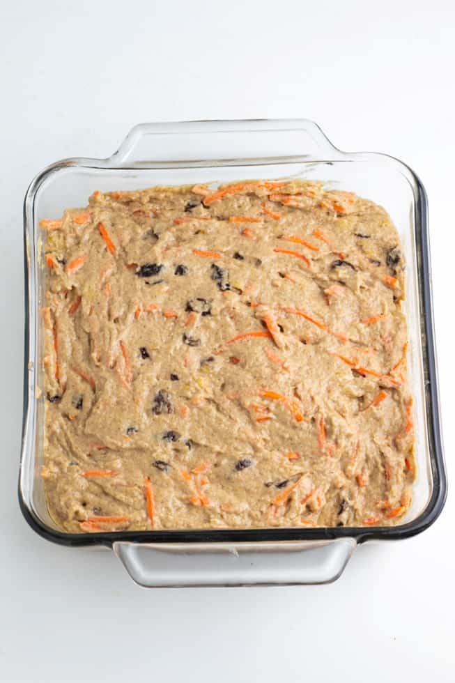 vegan carrot cake batter in glass 8" baking dish