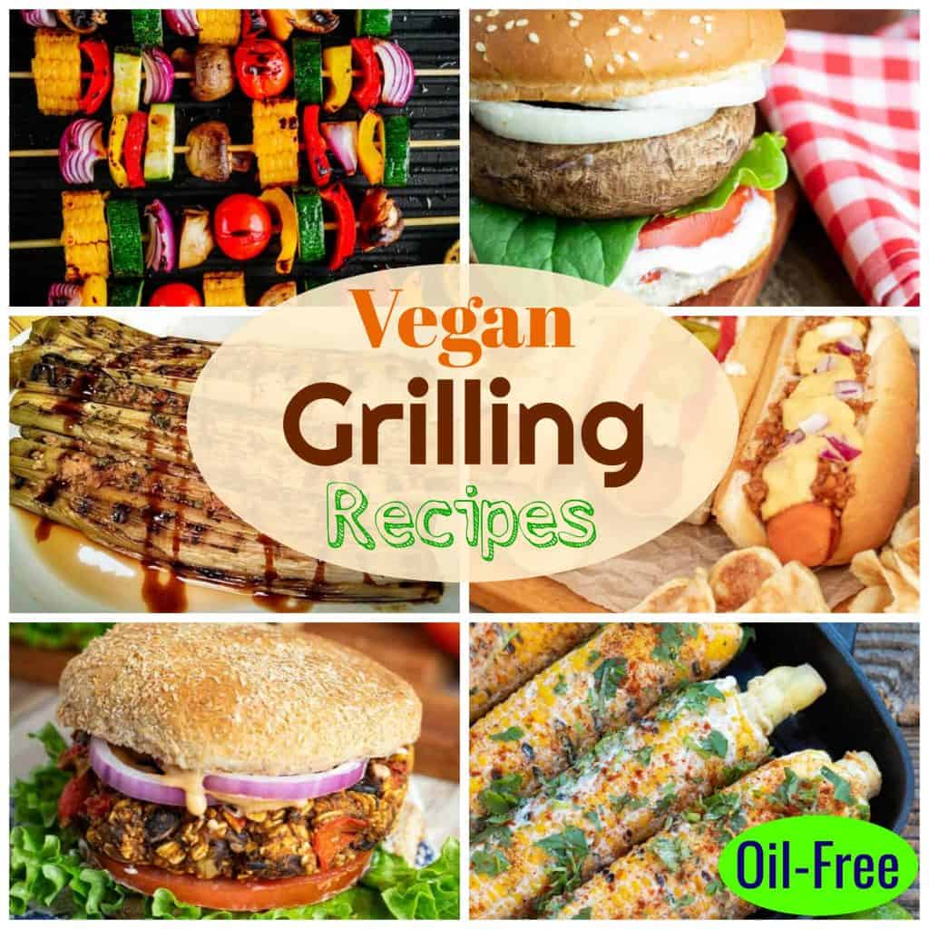 collage of vegan grilling recipes kabobs, burgers, carrot dogs with title