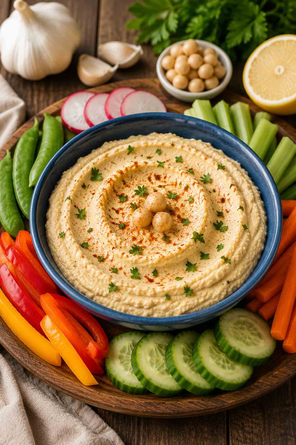 garlic hummus in a blue crock bowl  surrounded by sliced veggies.