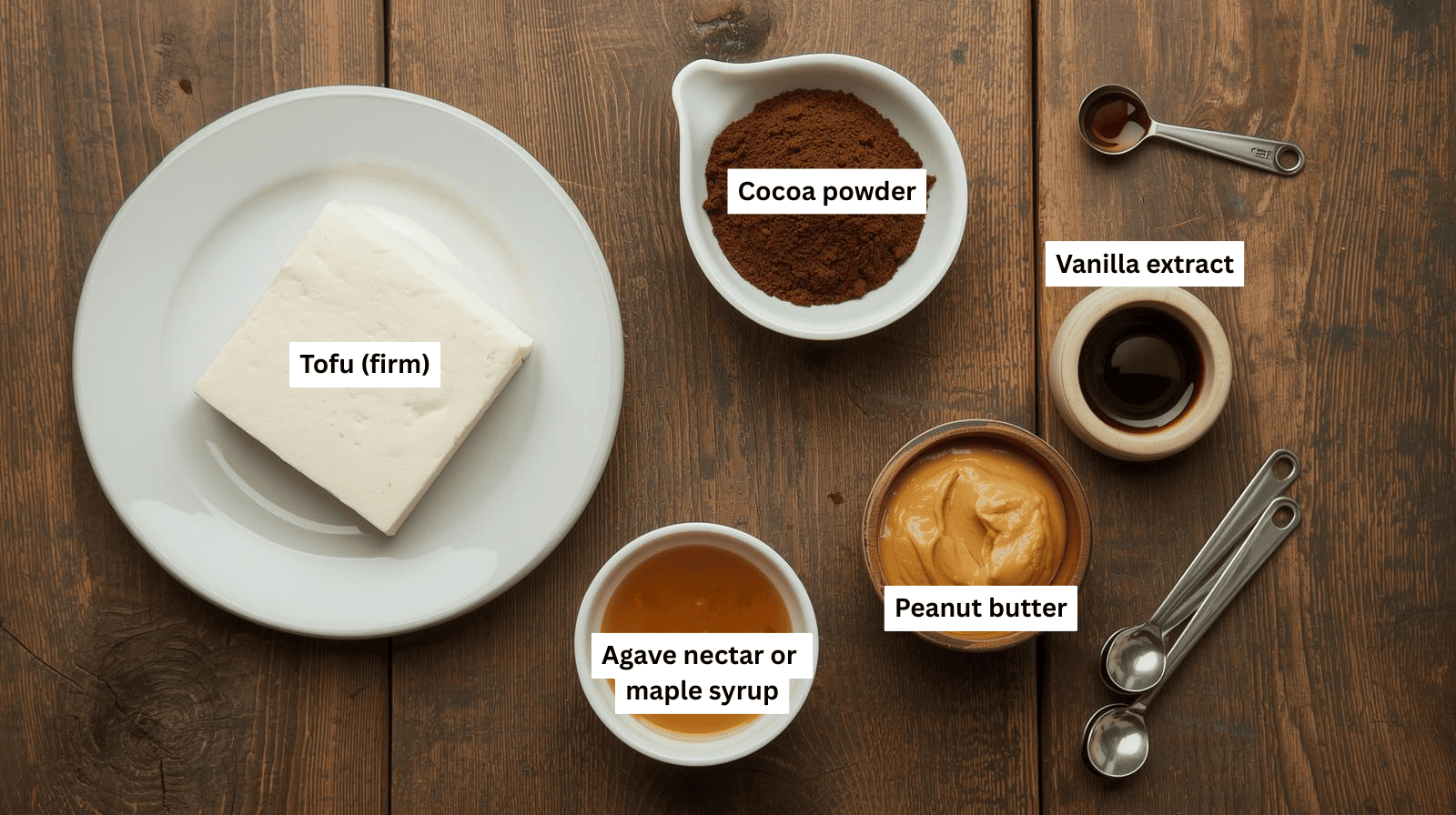ingredient for tofu chocolate mousse on table that include tofu, cocoa powder, agave nectar, peanut butter, and vanilla.