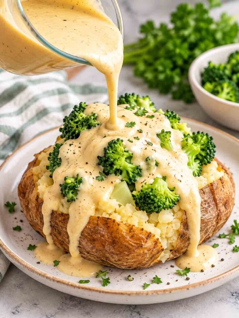 cashew alfredo being poured over a baked potato with broccoli florets.
