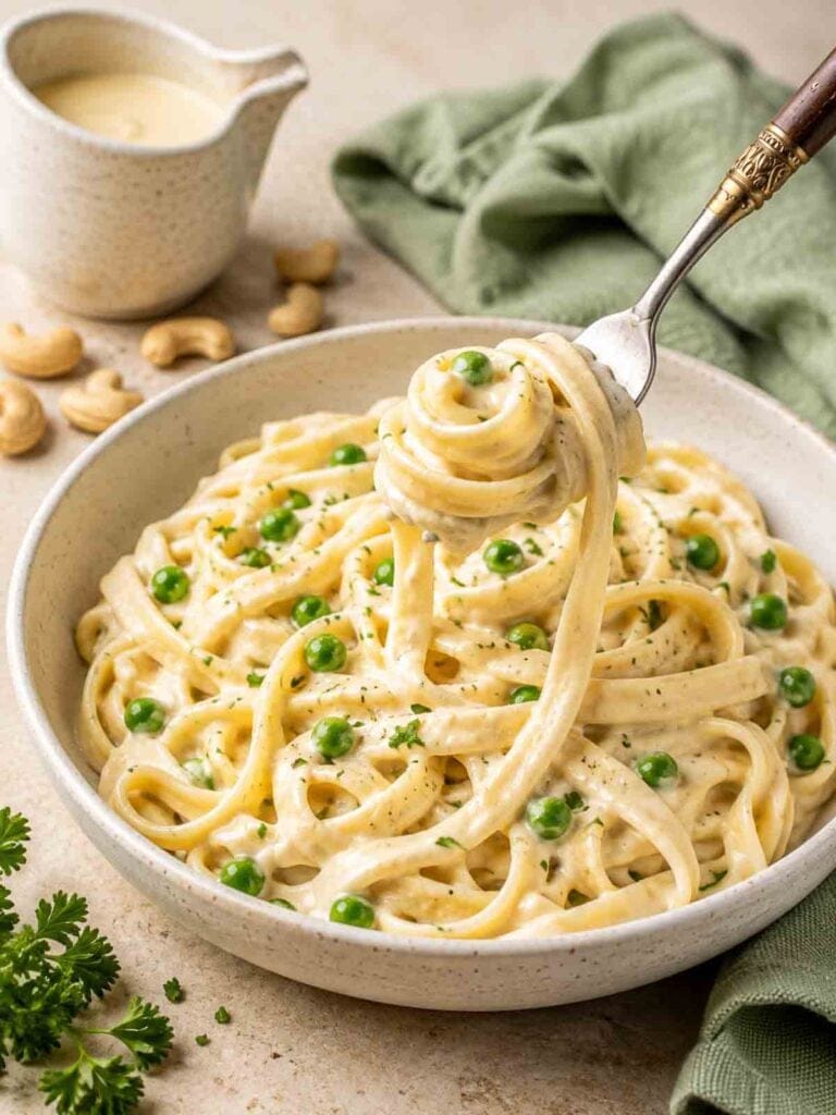 plate of fetuchini pasta with cashew alfredo and green peas.