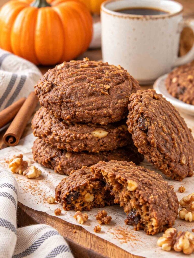 dairy-free pumpkin cookies on a plate with coffee and pumpkin in background.