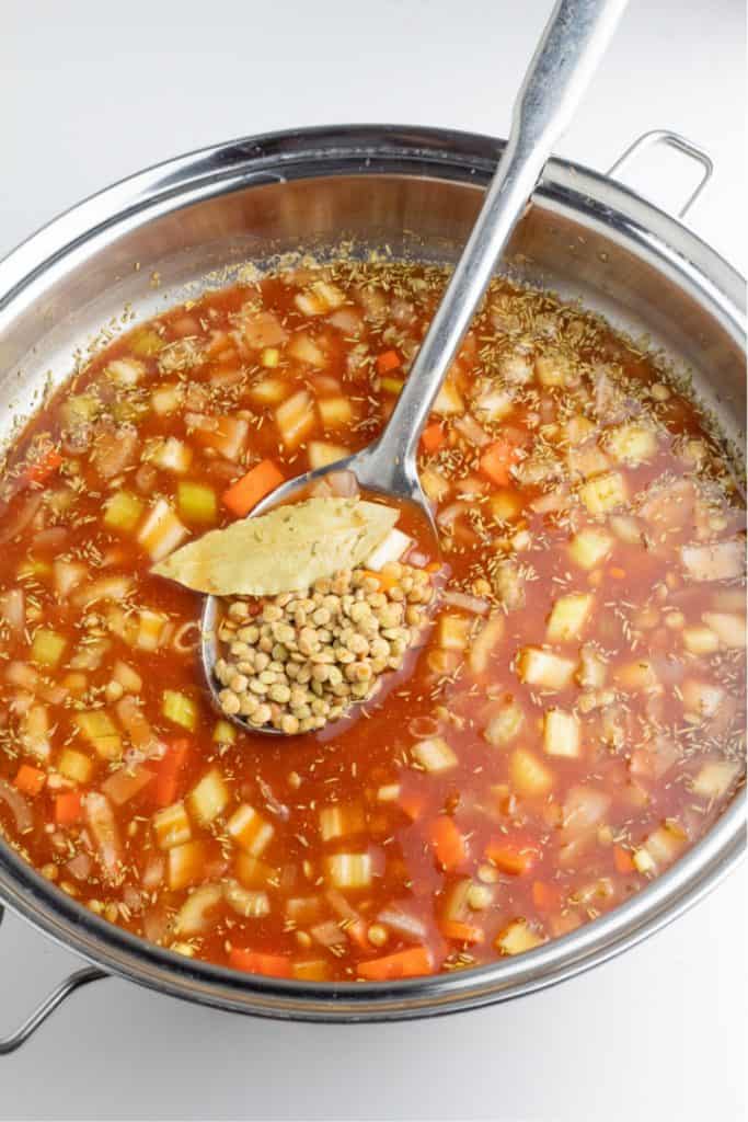 lentils cooking in stainless pot with tomato paste and spices