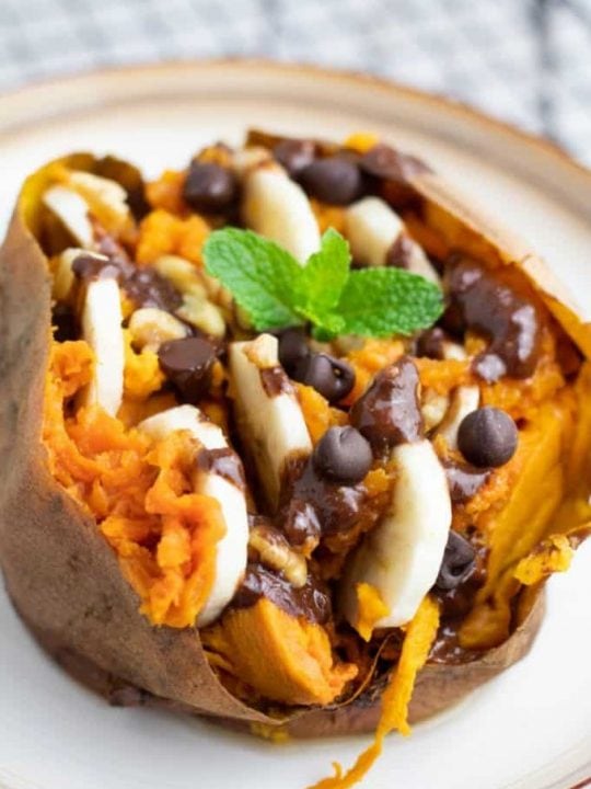 loaded sweet potato with banana slices and chocolate chips