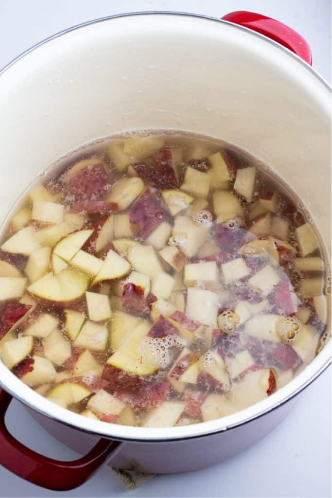 red skinned potatoes cooking in stockpot