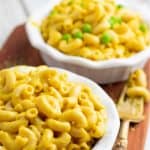 vegan mac and cheese in white bowls