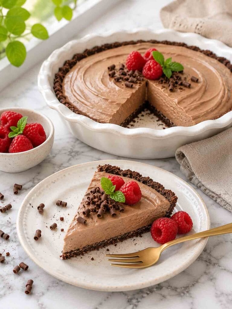 pan of tofu chocolate mousse with a slice cut out.