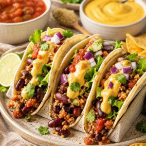 vegan tacos stuffed with a seasoned bean bulgur taco mixture.