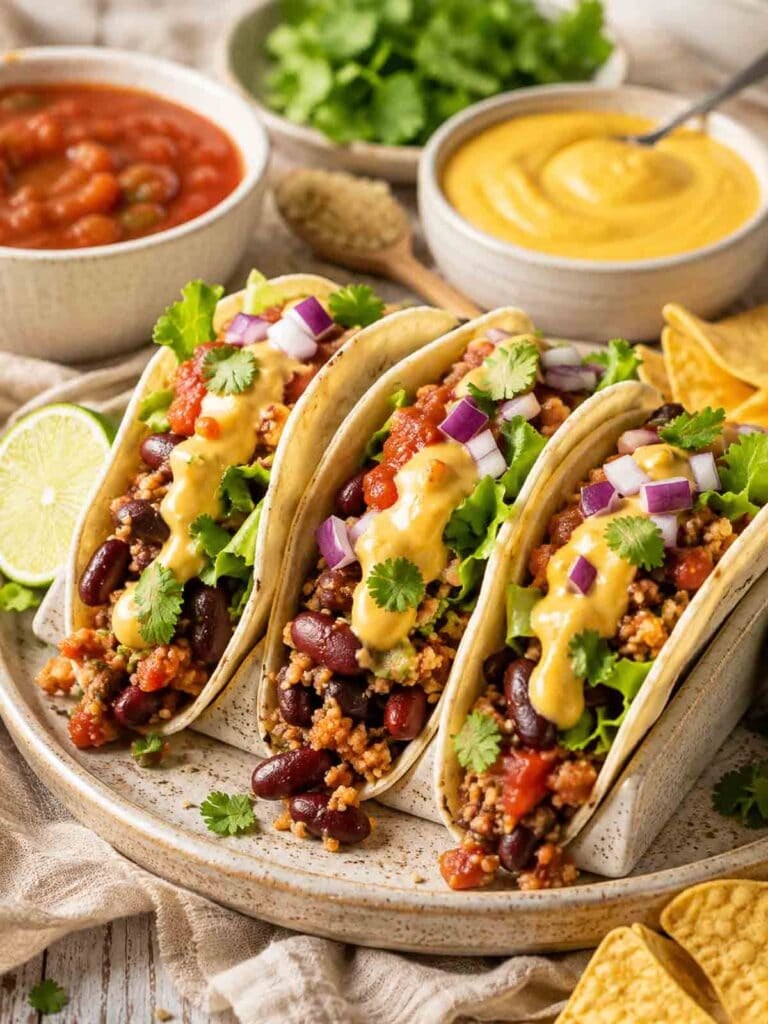 vegan tacos stuffed with a seasoned bean bulgur taco mixture.