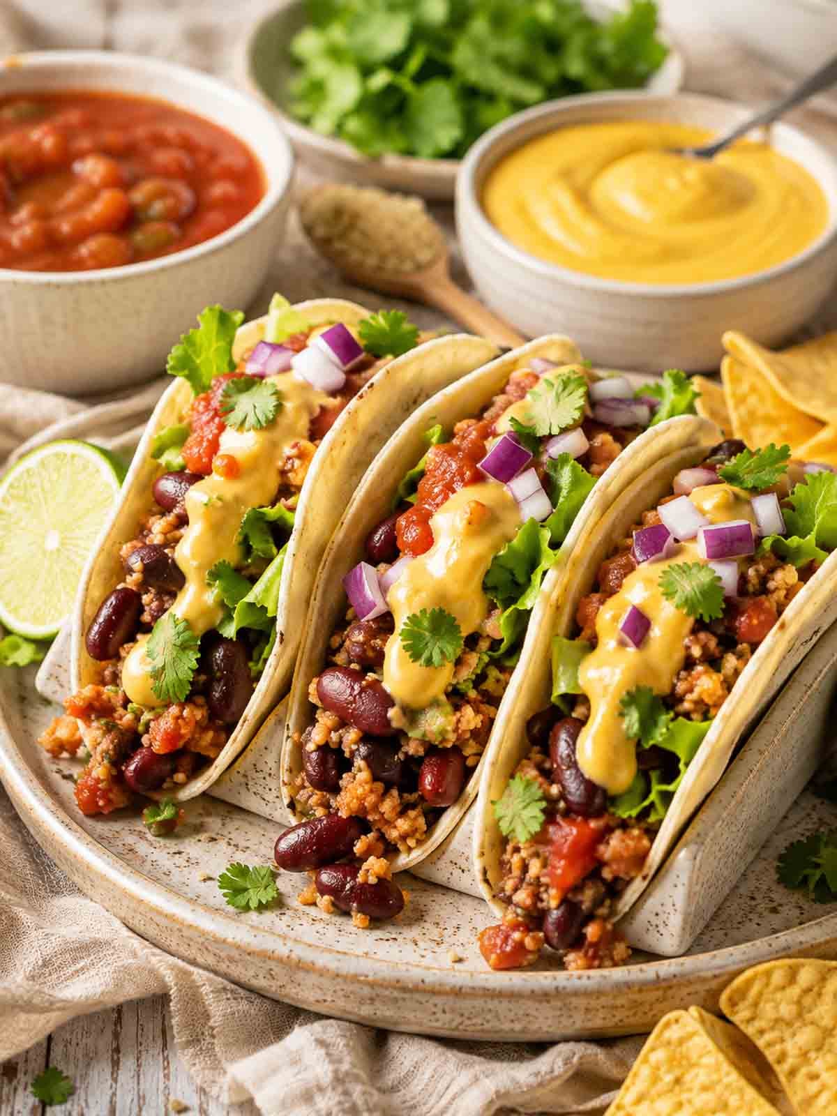 vegan tacos stuffed with a seasoned bean bulgur taco mixture.