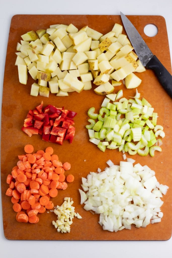 diced potatoes, red bell pepper, celery, carrots, onion, garlic