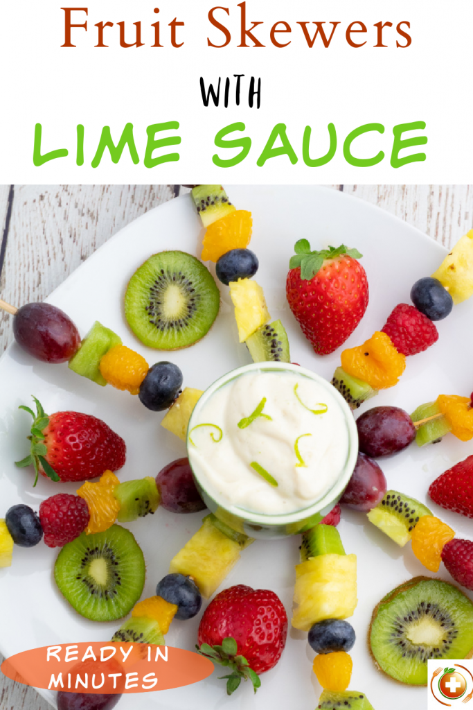 kabob fruit on white plate with lime sauce photo collage for pinterest