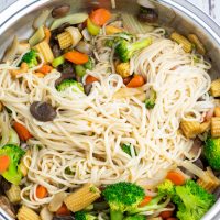 veggie udon noodle stir fry in wok