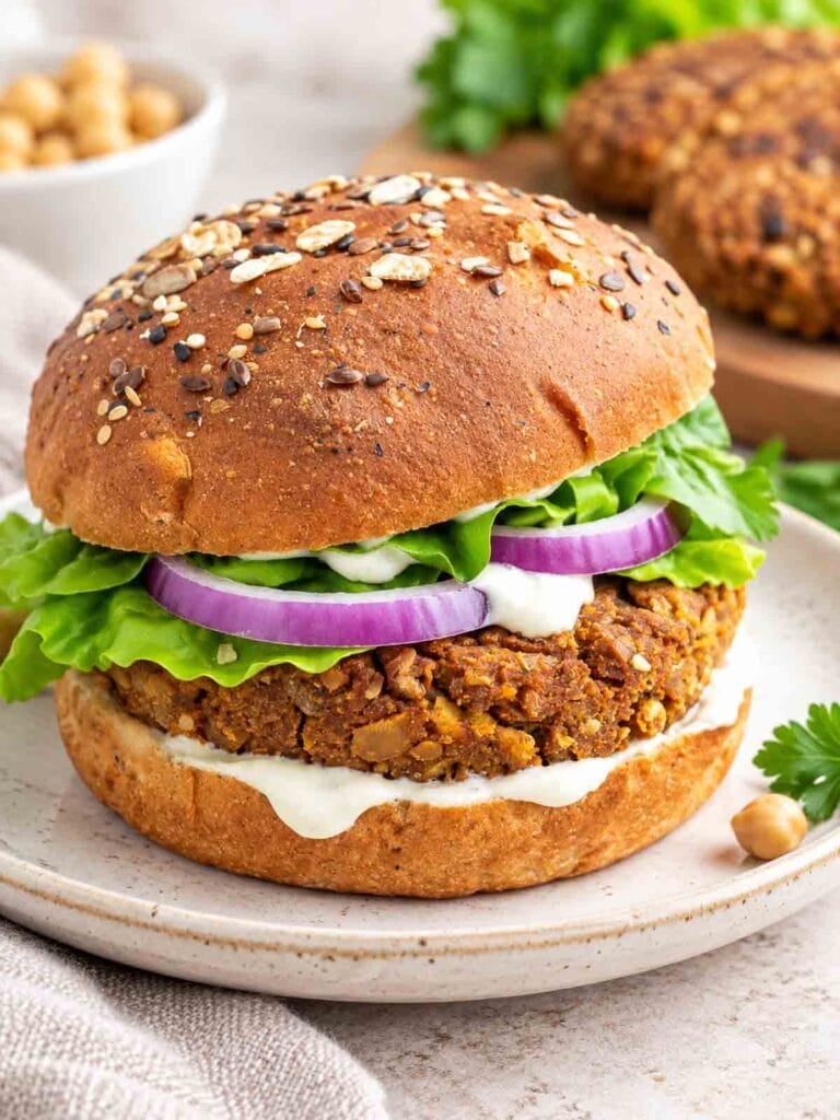 chickpea burger on white plate.