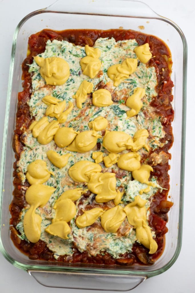 layering process for vegan spinach lasagna