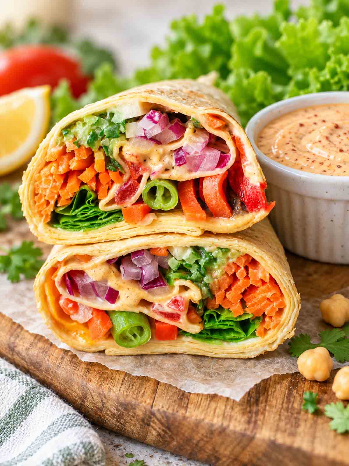 veggie wraps with hummus and chipotle sauce stacked on a cutting board.