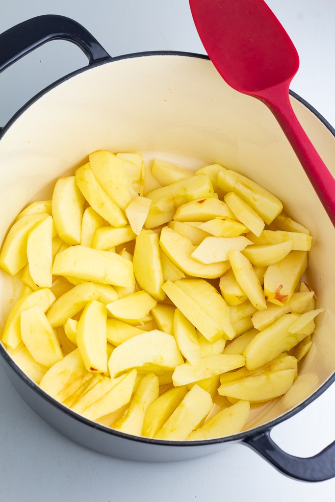stockpot filled with diced and peeled apples