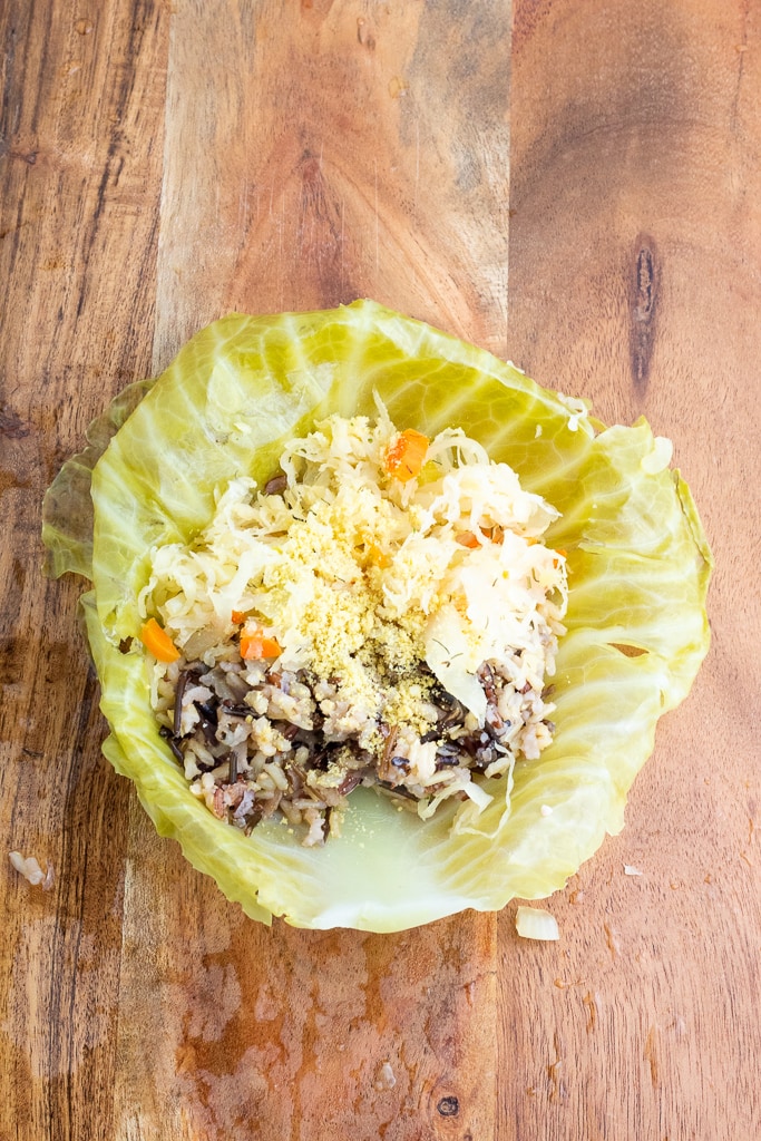 cabbage leaf filled with rice and vegetables