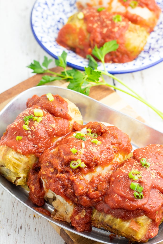 3 cabbage rolls in stainless pan