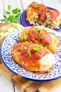 bright blue and white plate with 2 stuffed cabbage rolls