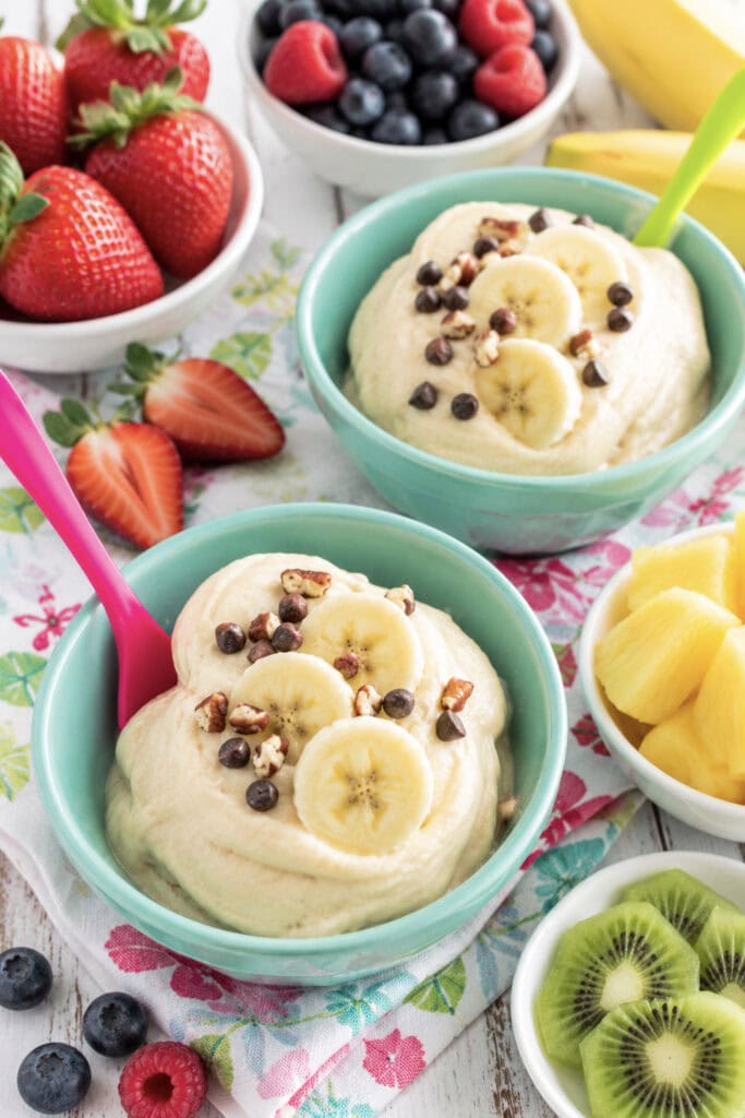 vanilla nice cream in two bowls topped with chocolate chips and berries on the side.