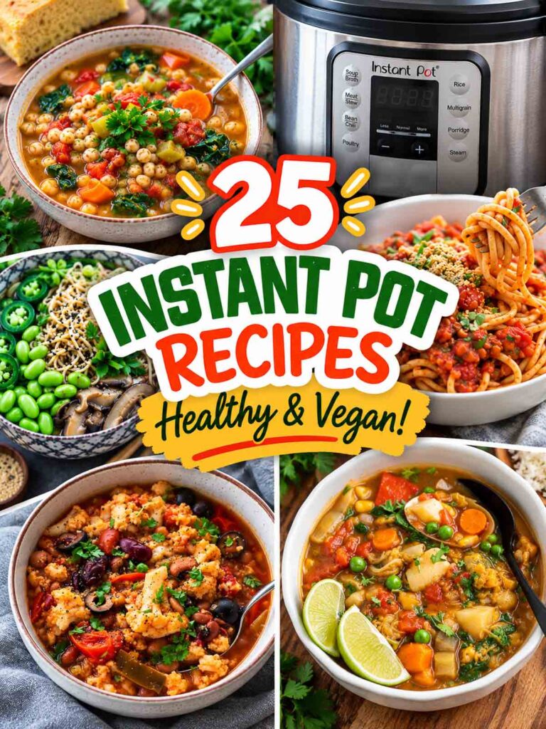 photo collage of 25 vegan instant pot recipes.