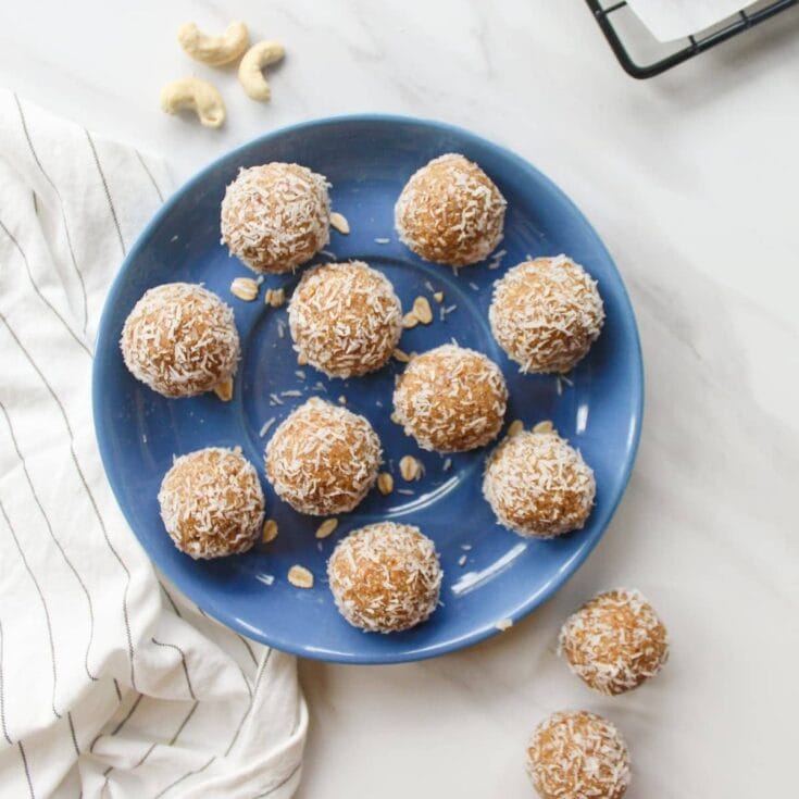 vanilla coconut balls on blue plate