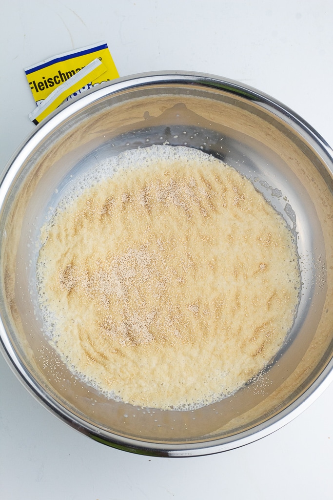 active yeast in bowl bubbling for dough