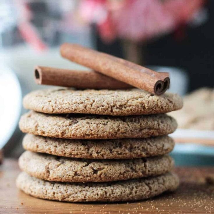 stack of vegan cinnamon cookies with cinnamon sticks on top