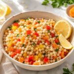 couscous salad in a white bowl in lemon slices.
