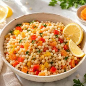 couscous salad in a white bowl in lemon slices.
