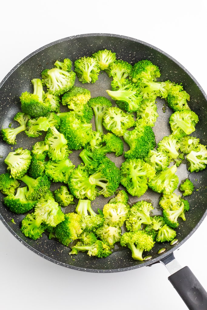 broccoli florets in nonstick pan