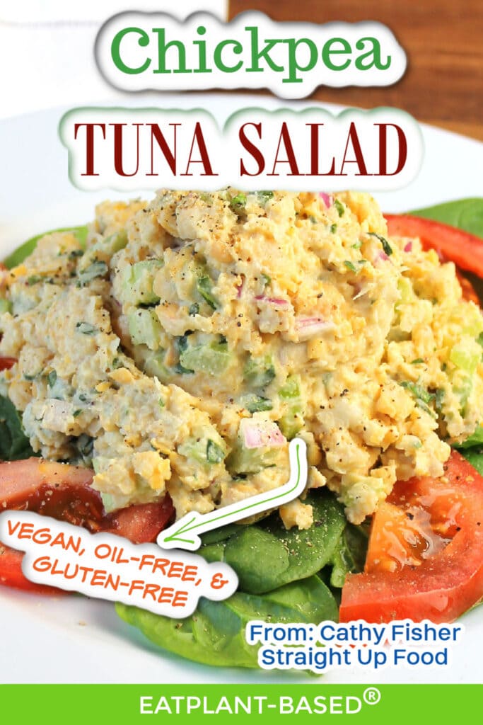 photo collage of vegan tuna with cathy fisher for pinterest