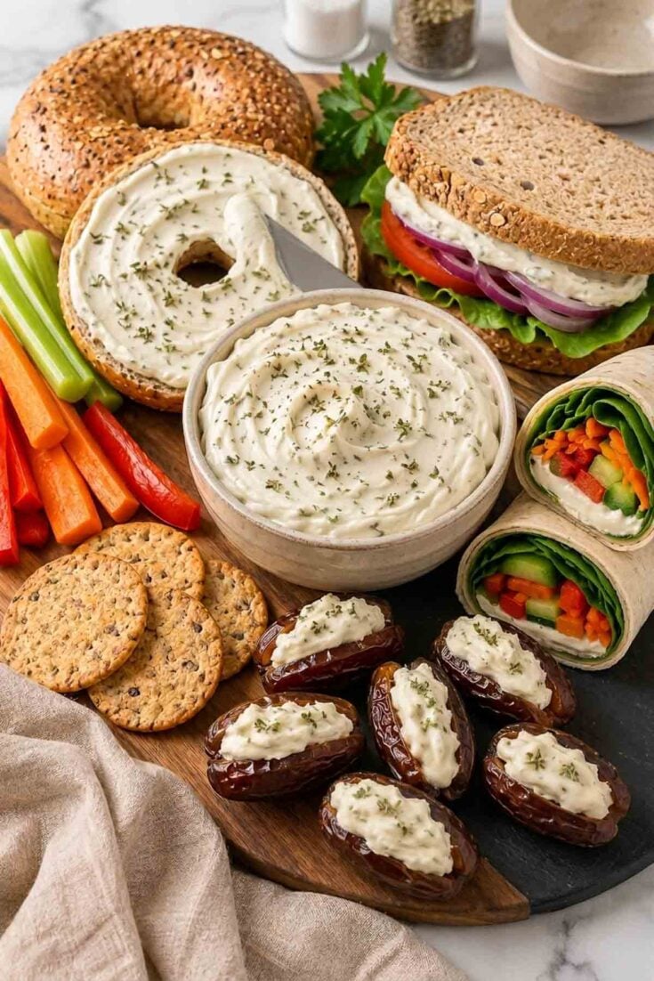 cashew cream cheese in a dish, used in wraps and sandwiches, and as a vegetable dip.