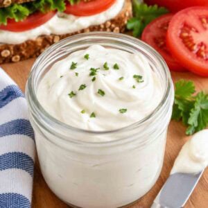 vegan tofu mayo in a small glass jar.