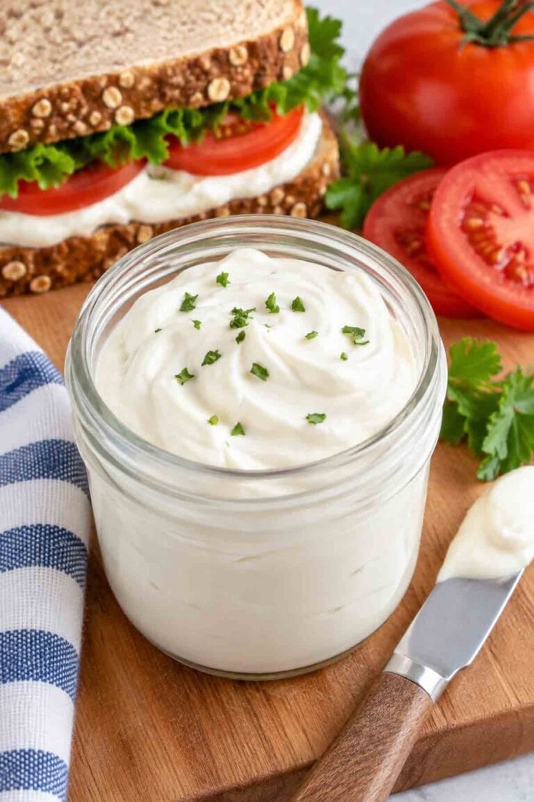 vegan tofu mayo in a small glass jar.