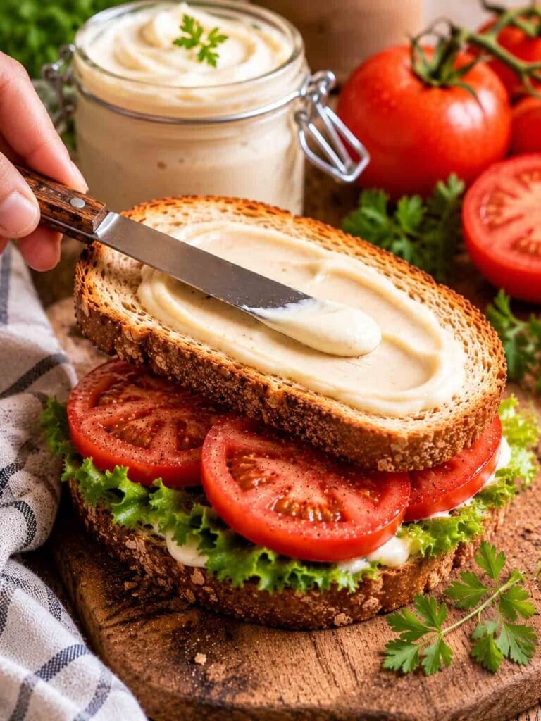 tofu mayo being smeared on a tomato sandwich.