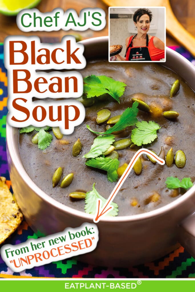photo collage of chef aj's black bean soup for pinterest