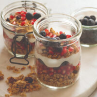 instant pot yogurt dessert with berries on white background