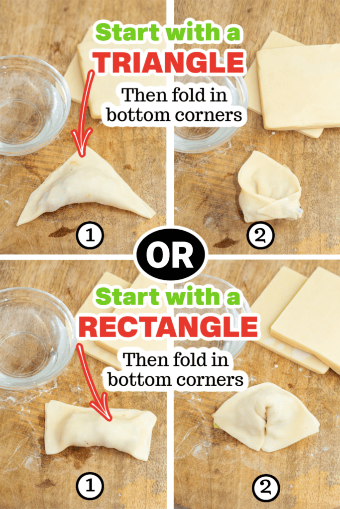 photo instructions on how to fold vegan dumplings in rectangle or triangle