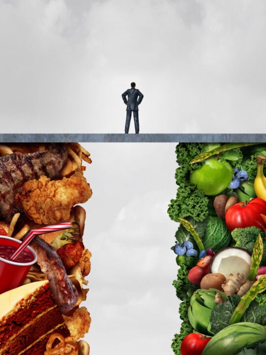Food diet concept and nutrition decision idea or eating health choices dilemma between healthy good fresh fruit and vegetables or greasy cholesterol rich fast food with a man on a bridge trying to decide what to eat with 3D illustration elements.