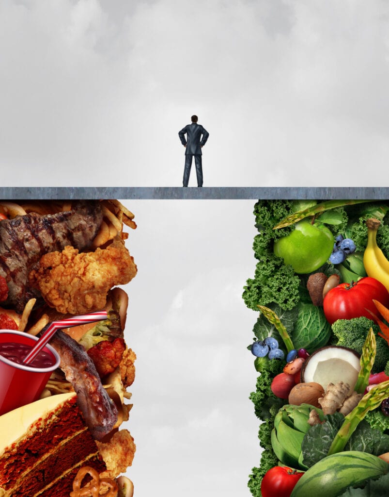 Food diet concept and nutrition decision idea or eating health choices dilemma between healthy good fresh fruit and vegetables or greasy cholesterol rich fast food with a man on a bridge trying to decide what to eat with 3D illustration elements.