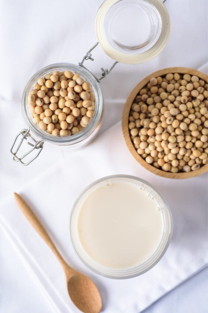 soy milk ingredients of soybeans and water overhead shot